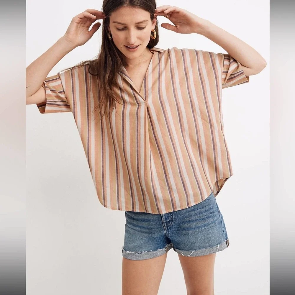 Madewell Courier Cotton Button-Back Popover Shirt in Rainbow Stripe Size XS $75 - Picture 1 of 10